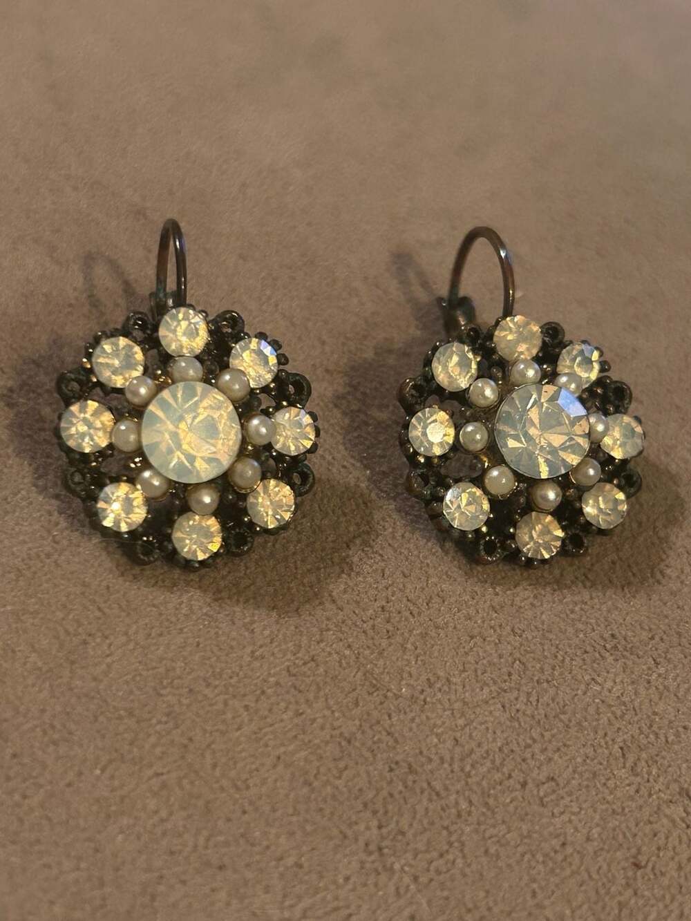 Vintage Style Floral Rhinestone and Faux Pearl Leverback Earrings